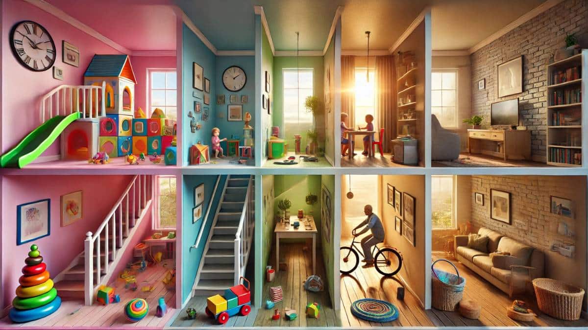 Photorealistic image depicting "Changing Purpose Through Life Stages" with interconnected environments symbolizing childhood, youth, adulthood, and old age. Each stage includes relevant elements: toys and bright colors for childhood, educational items for youth, a workspace for adulthood, and a cozy armchair with natural sunlight for old age, reflecting the evolving purpose through life's journey.