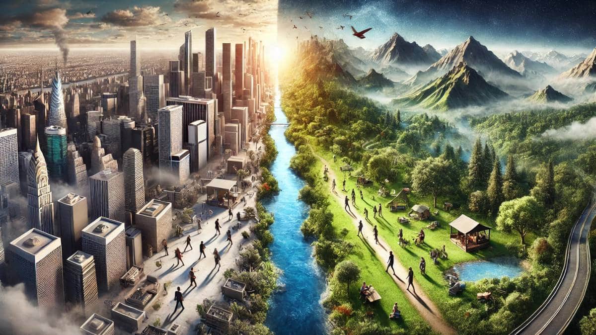 Image of a symbolic split between career purpose and life purpose: on the left, a bustling modern cityscape with tall office buildings and professionals walking with purpose, representing career ambition; on the right, a tranquil natural landscape with mountains, a flowing river, and people relaxing, symbolizing life balance and personal fulfillment. A pathway in the center connects both sides, suggesting harmony between career goals and life aspirations.