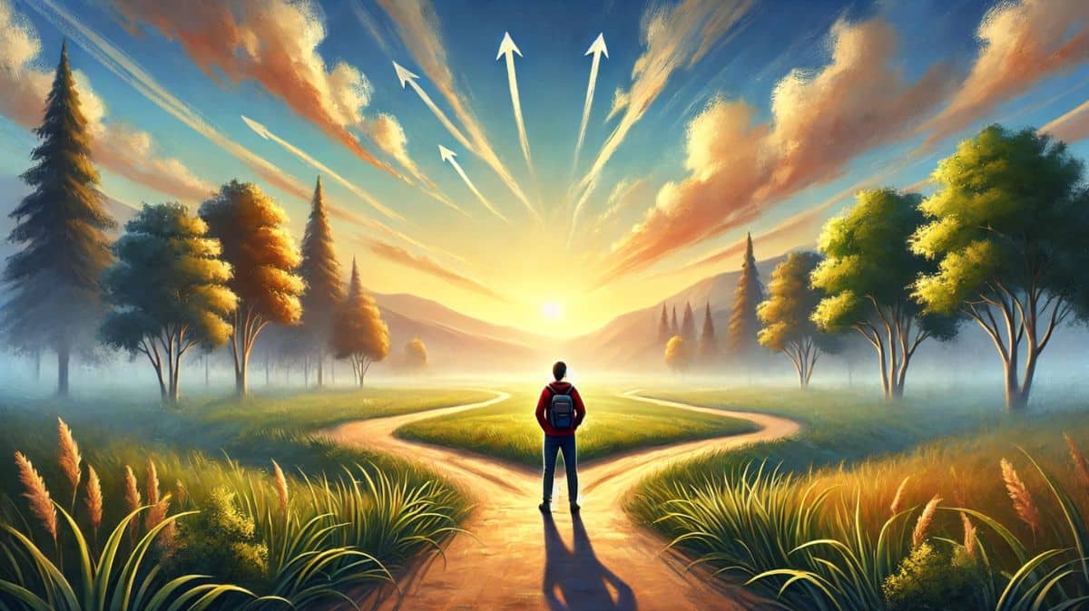 Person standing at a scenic crossroads, reflecting on life choices and contemplating 'what is your purpose,' with paths leading toward diverse horizons under inspiring morning light.